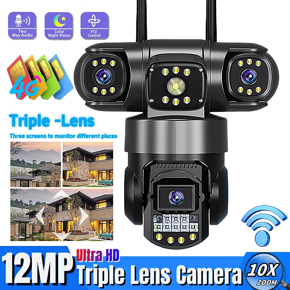 3 - Lens WiFi/4G Camera Smart Security Protection Home Surveillance Night Vision CCTV 12 MP Camara Outdoor Waterproof Monitor