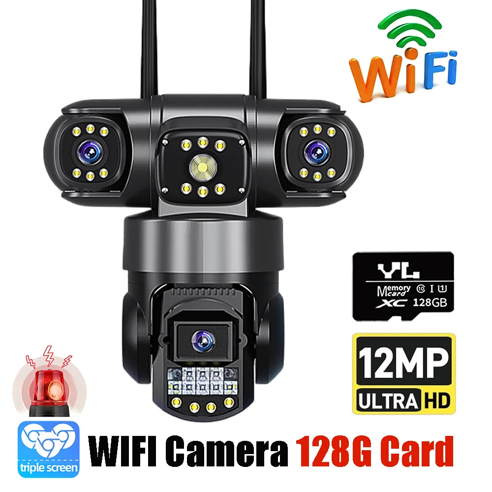 3 - Lens WiFi/4G Camera Smart Security Protection Home Surveillance Night Vision CCTV 12 MP Camara Outdoor Waterproof Monitor