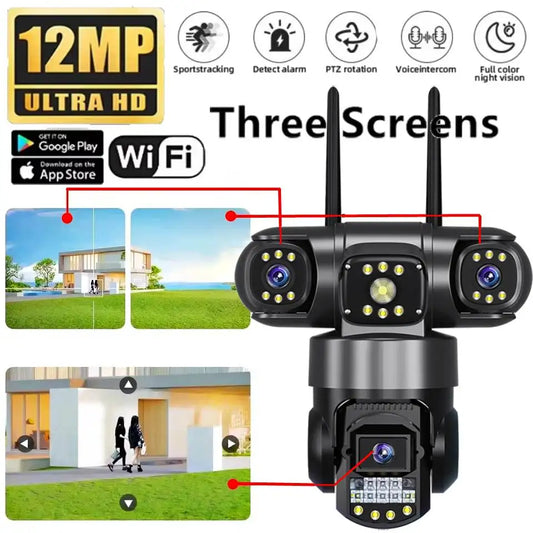 12MP Three Screen WIFI IP Camera Outdoor Night Vision 10X Digital Zoom 3-Lens PTZ Camera Human Detection CCTV Video Security Cam