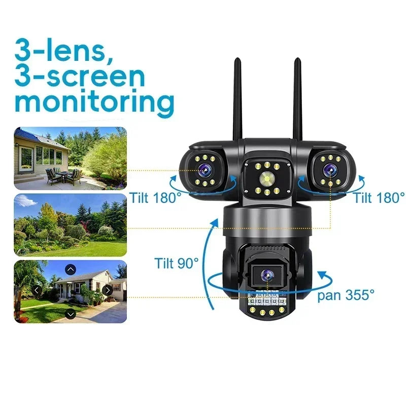 15MP PTZ WiFi Camera with Three Lens Three Screen Color Night Vision Outdoor Security IP Camera CCTV Surveillance Cam V380 App