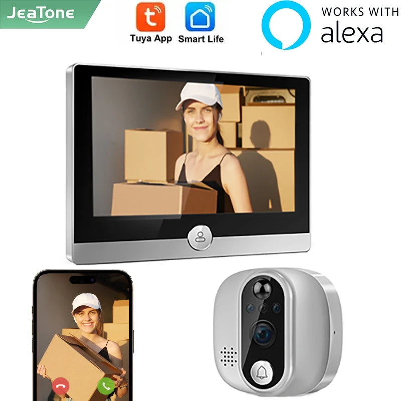 Jeatone 4.3Inch LCD Video Peephole Doorbell Camera Alexa Tuya Smart Home 1080P Wifi Wireless Door Bell Eye Viewer PIR Movement