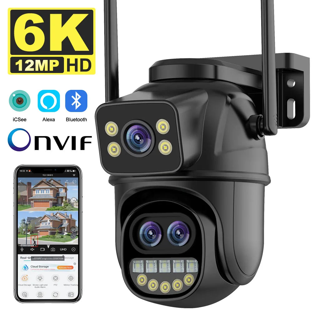 6K 12MP Security Camera 8X Zoom Three Lens Dual Screen Outdoor WiFi Home Protection 8MP IP Cam PTZ CCTV Video Surveillance Icsee