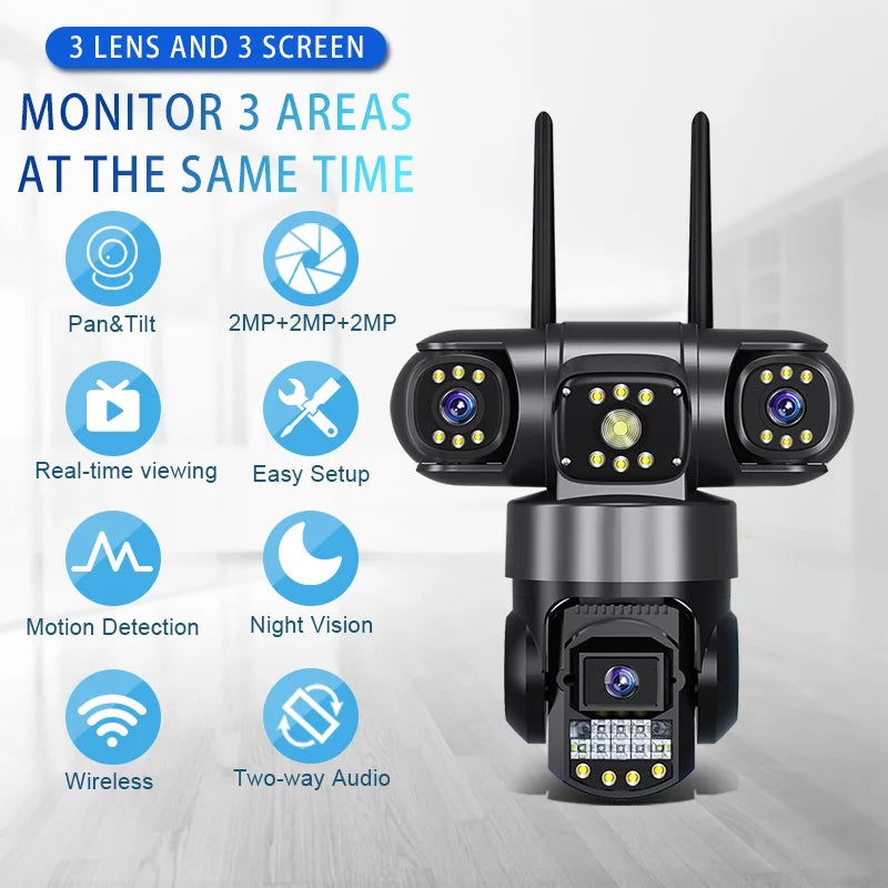 6MP Three Lens WiFi IP Camera HD Outdoor 10X Zoom Waterproof Two Way Intercom Full Color Night Vision PTZ CCTV V380 PRO Camera