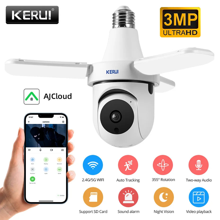 KERUI  5G/2.4G 3MP E27 Bulb Camera PTZ WiFi IP Camera with LED Light Indoor Home Security Surveillance AI Tracking Night Vision