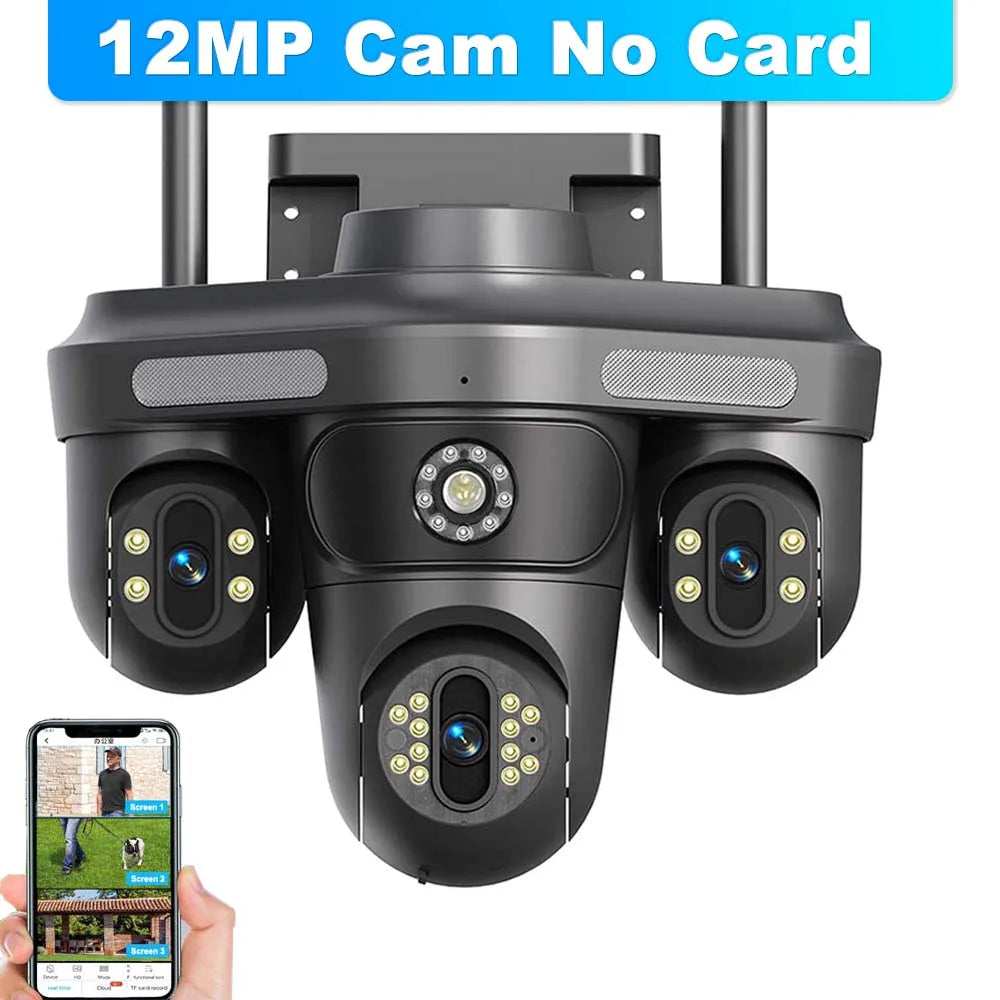 6K 12MP IP Camera Three Lens Three Screens 10X Zoom WiFi Surveillance Camera Smart Security Protection PTZ CCTV Video Camera