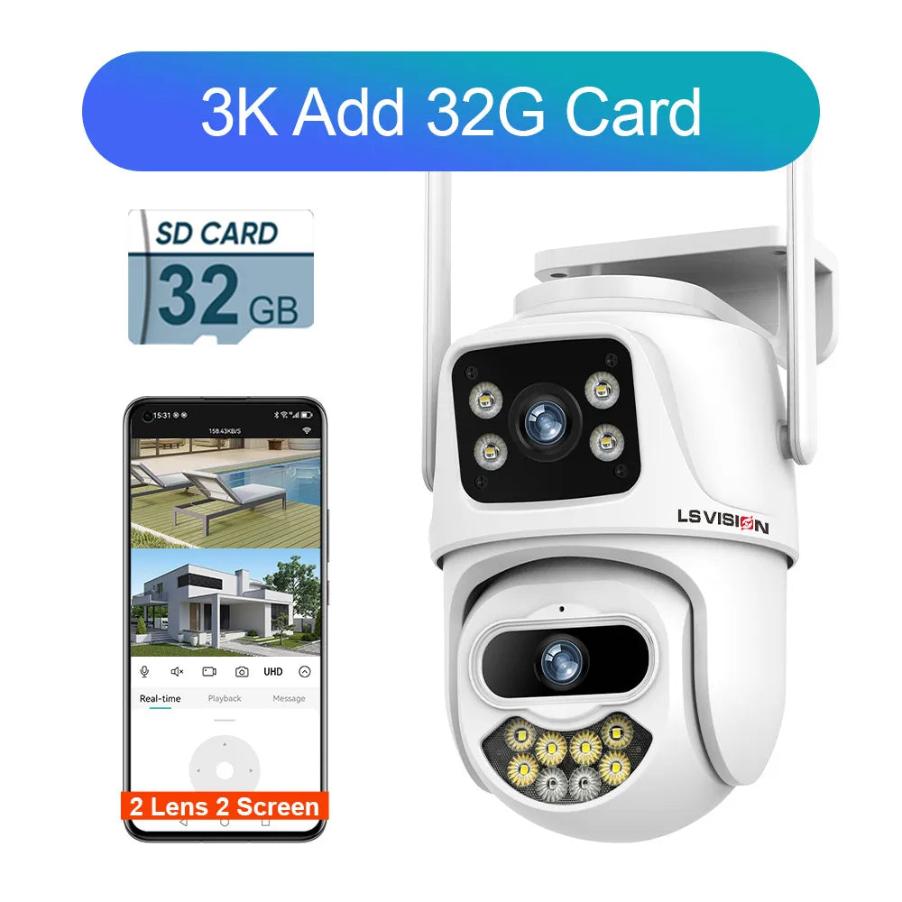 LS VISION 12MP 6K Three Screens WiFi Linkage Camera Outdoor Three Lens PTZ Auto Tracking Security Cameras Alexa iCSee App