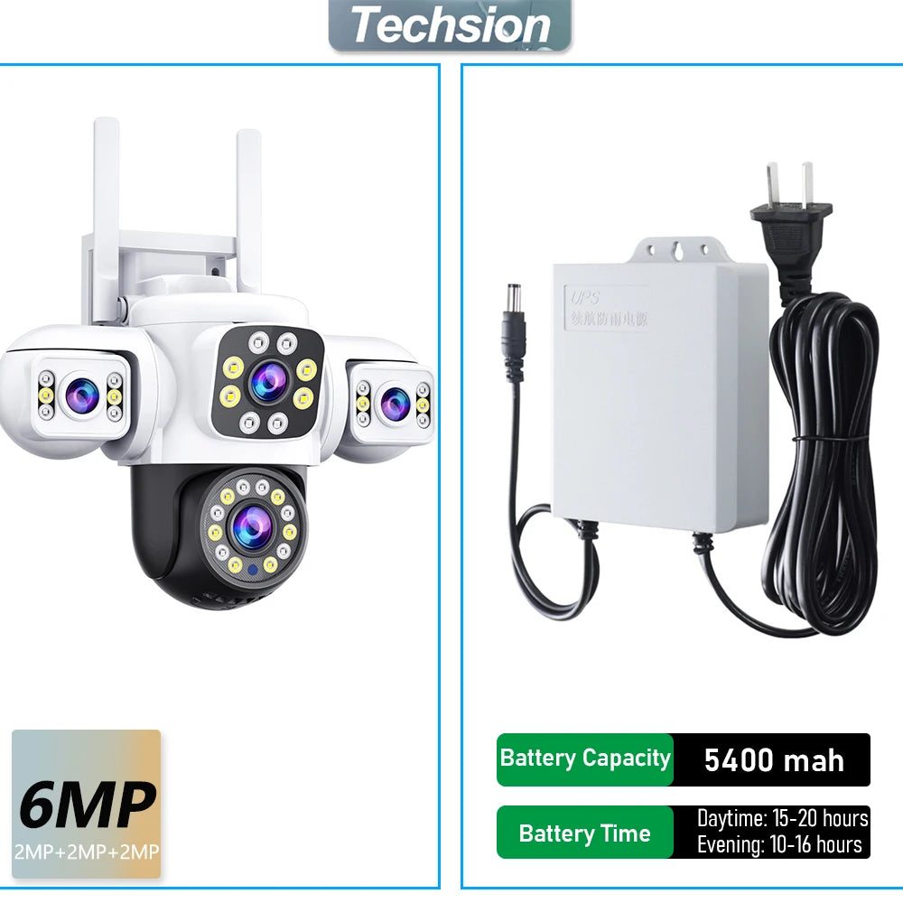 6MP UPS WIFI Camera Outdoor Three Lens Three Screen PTZ Cam AI Auto Tracking Video Surveillance Works Even When The Power Is Out