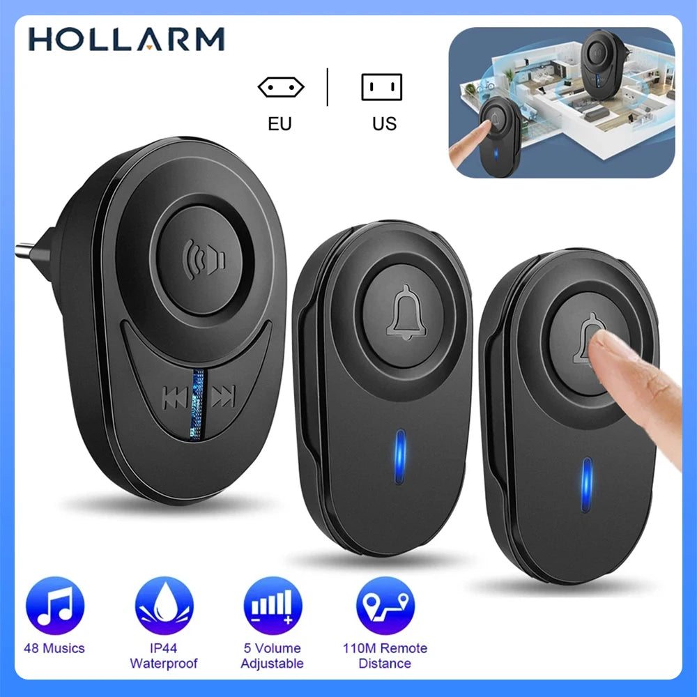 Hollarm Wireless Doorbell Set 400M Remote Control Waterproof 433MHz Wireless Alarm Smart Home Welcome Door Bell Chime EU US Plug