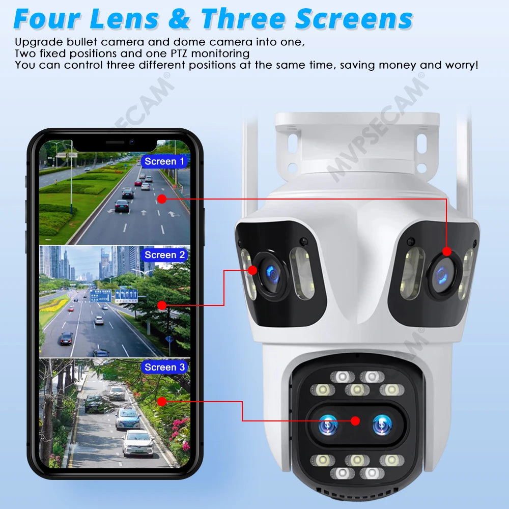 Four Lens PTZ IP Camera Outdoor 8K HD Three Screen WiFi Security Camera 360 Auto Tracking 16MP Smart Wireless CCTV Camera iCsee