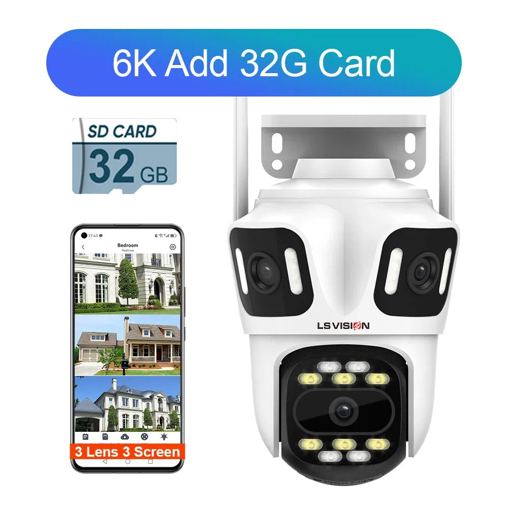 LS VISION 12MP 6K Three Screens WiFi Linkage Camera Outdoor Three Lens PTZ Auto Tracking Security Cameras Alexa iCSee App