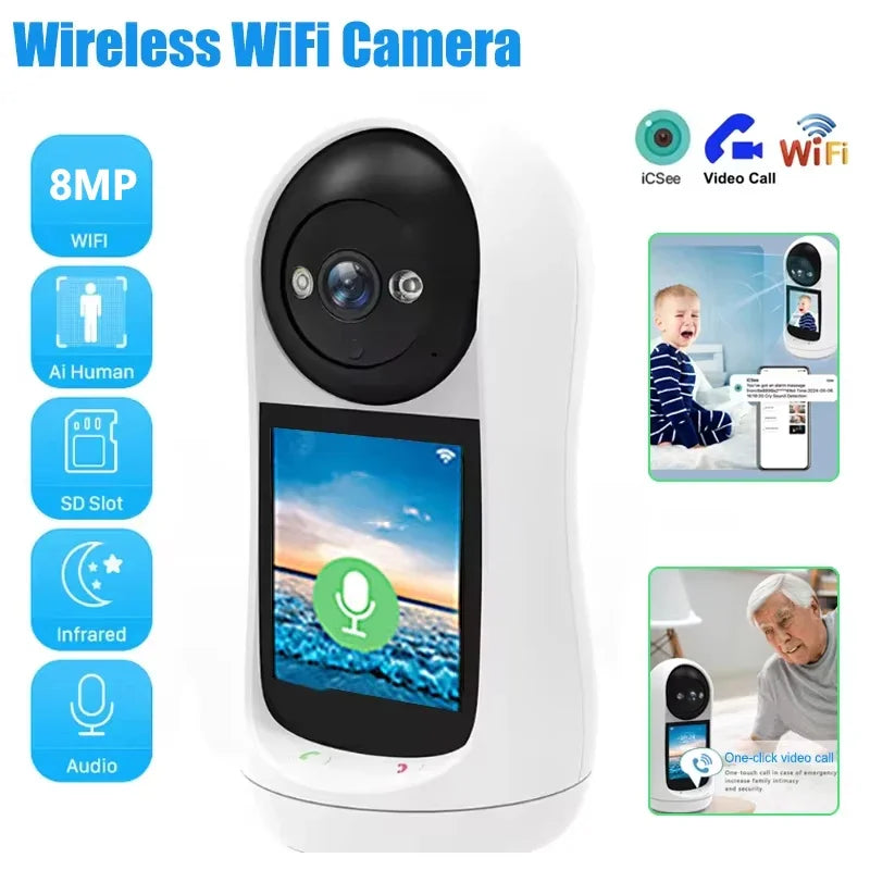 8MP Wifi IP Camera Video Call with 2.8 Inch IPS Screen Baby Cry Sound Detection Wireless Security PTZ Camera Baby Monitor iCSee