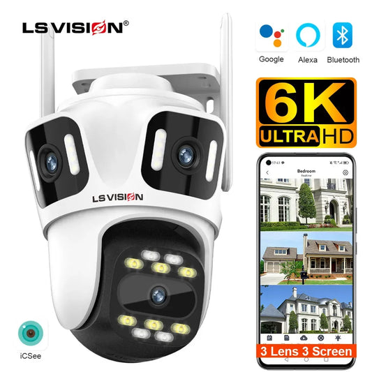 LS VISION 12MP 6K Three Screens WiFi Linkage Camera Outdoor Three Lens PTZ Auto Tracking Security Cameras Alexa iCSee App