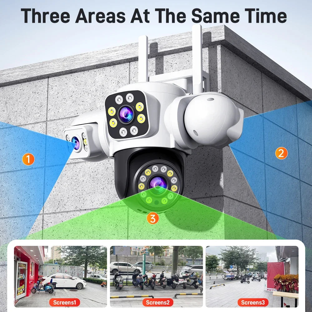 6MP UPS WIFI Camera Outdoor Three Lens Three Screen PTZ Cam AI Auto Tracking Video Surveillance Works Even When The Power Is Out