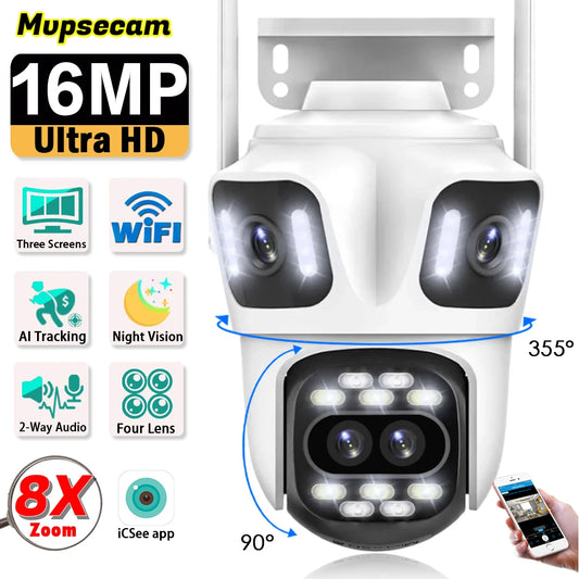 Four Lens PTZ IP Camera Outdoor 8K HD Three Screen WiFi Security Camera 360 Auto Tracking 16MP Smart Wireless CCTV Camera iCsee