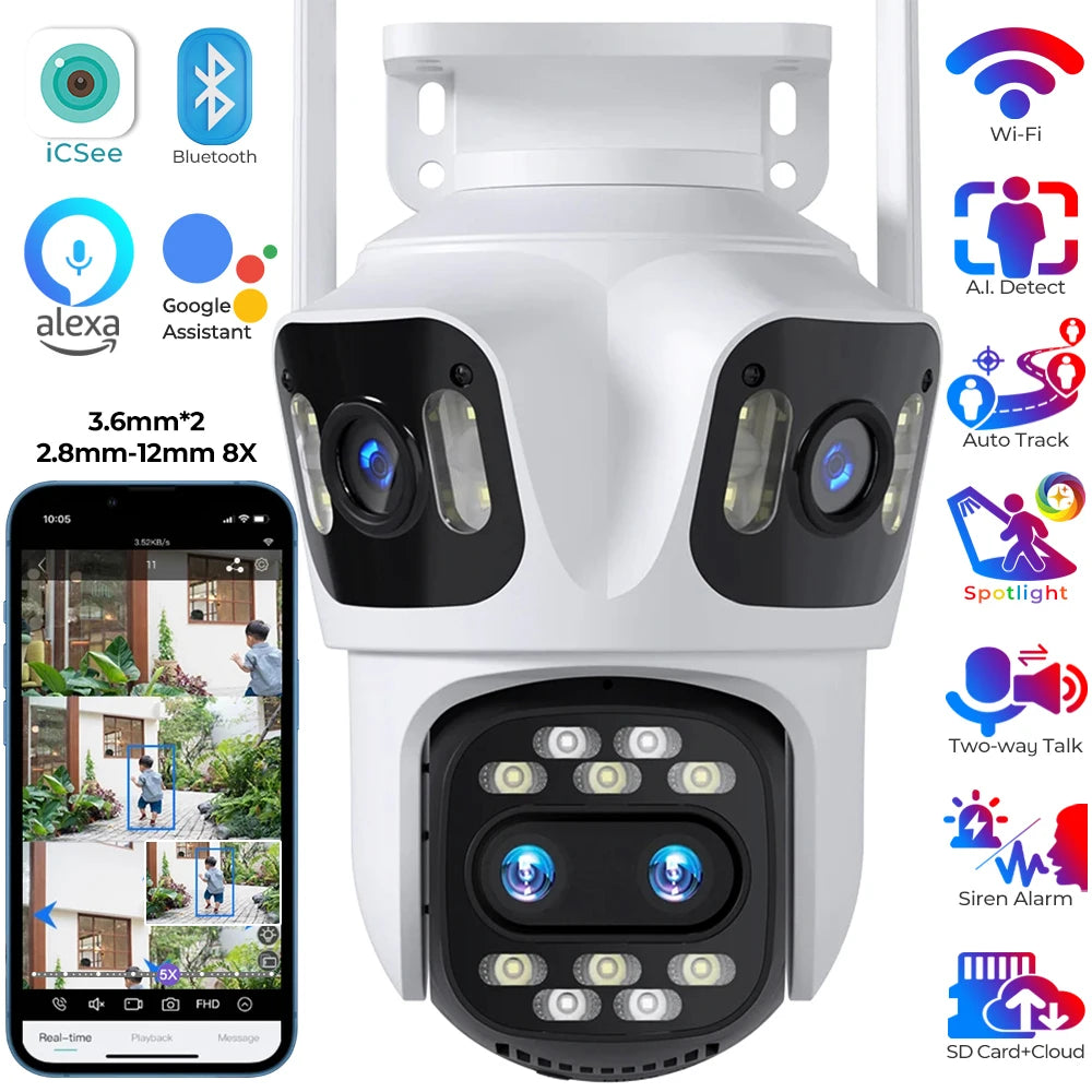 Outdoor Wifi Surveillance Camera 4 Lens 4 Screen Linkage PTZ Camera 8X Hybrid Zoom IP Camera Spotlight Security Cameras iCSee