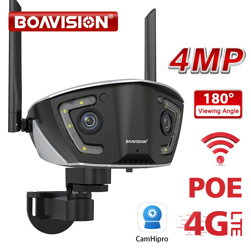 4MP 4G Outdoor Wifi Surveillance Cam POE Dual Lens 180° Ultra Wide Angle Color Night Vision Security Cam Camhipro APP