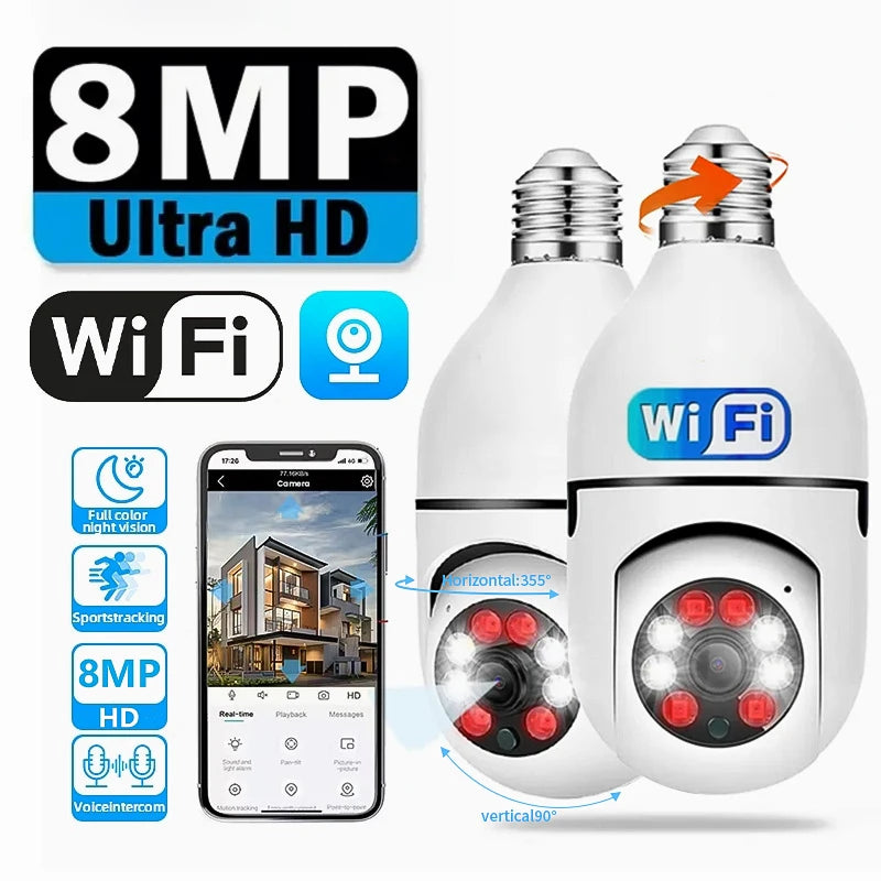 8MP E27 Bulb Wifi Surveillance Camera Indoor 4X Digital Zoom AI Human Detect Full Color Night Vision Wireless Cameras Smart Home