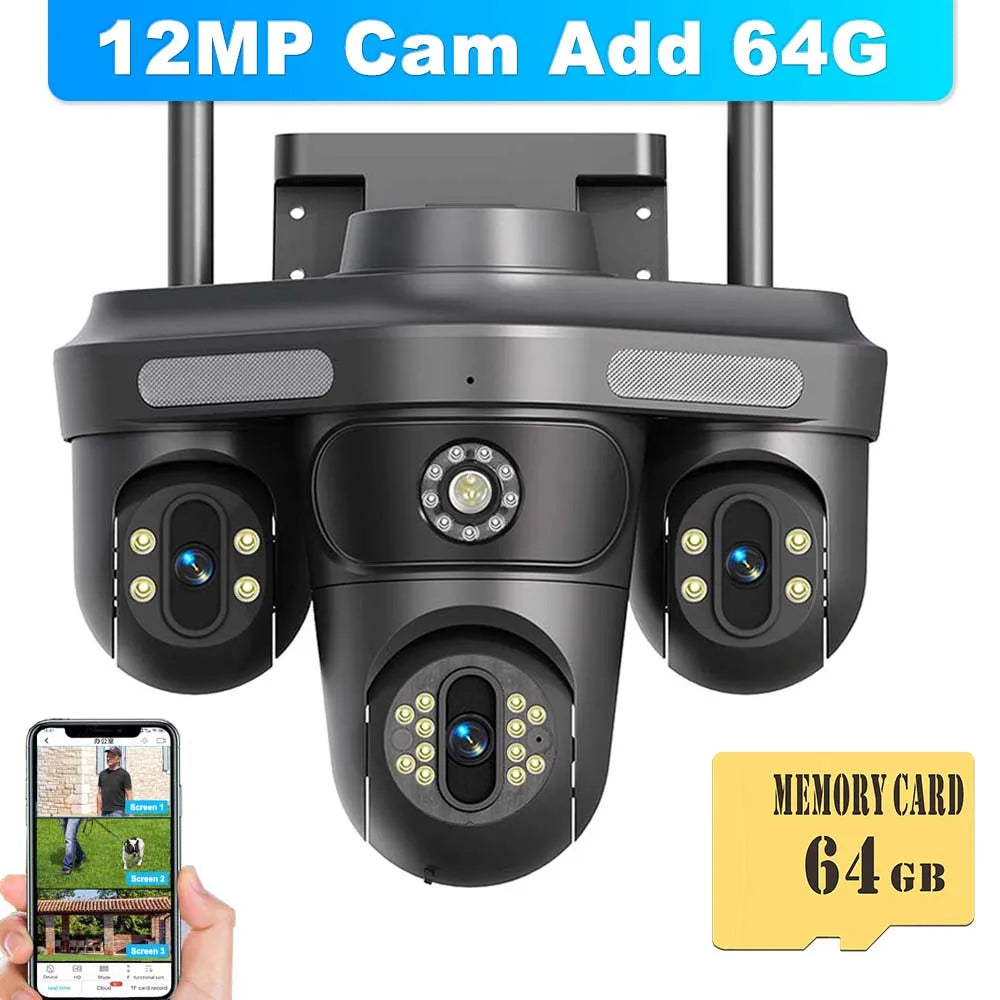 6K 12MP IP Camera Three Lens Three Screens 10X Zoom WiFi Surveillance Camera Smart Security Protection PTZ CCTV Video Camera