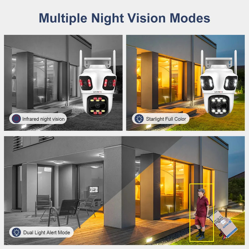 LS VISION 12MP 6K Three Screens WiFi Linkage Camera Outdoor Three Lens PTZ Auto Tracking Security Cameras Alexa iCSee App