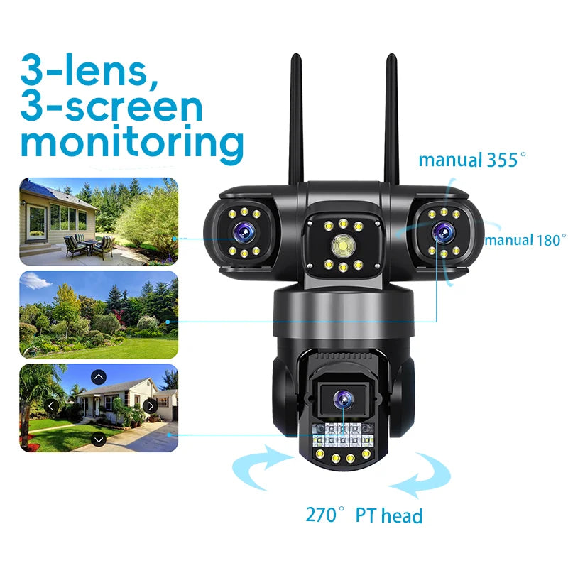 6MP Three Lens WiFi IP Camera HD Outdoor 10X Zoom Waterproof Two Way Intercom Full Color Night Vision PTZ CCTV V380 PRO Camera