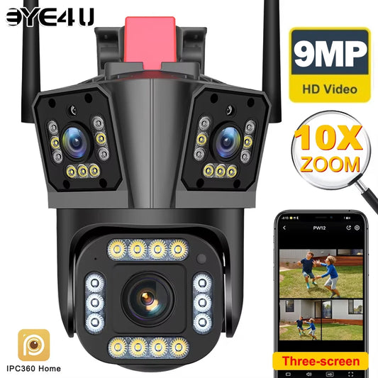 9MP 5K HD WiFi Camera Three Lens Three Screen 10X Zoom PTZ Cameras Outdoor Home Security Protection 4MP Surveillance Waterproof