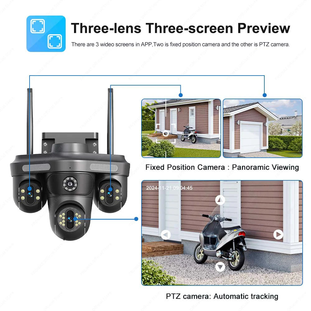 6K 12MP IP Camera Three Lens Three Screens 10X Zoom WiFi Surveillance Camera Smart Security Protection PTZ CCTV Video Camera