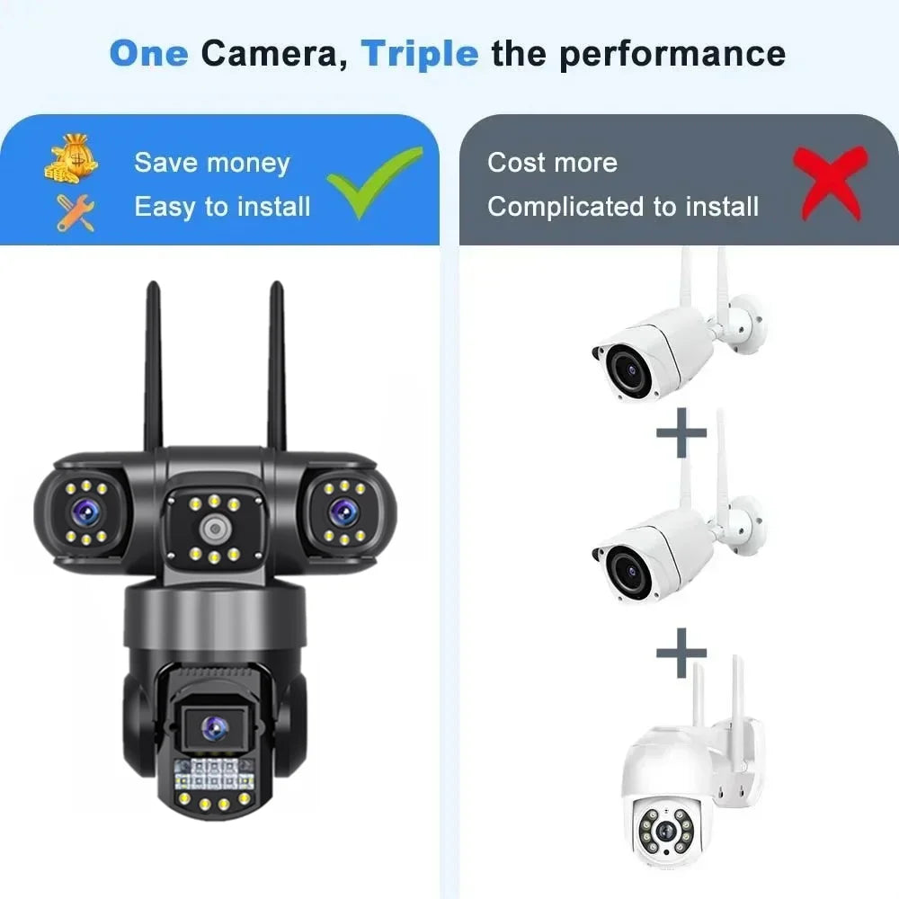 Three Lens PTZ IP Camera Outdoor 6K HD Three Screen 4G Security Camera Auto Tracking 12MP Wireless CCTV Camera Waterproof V380