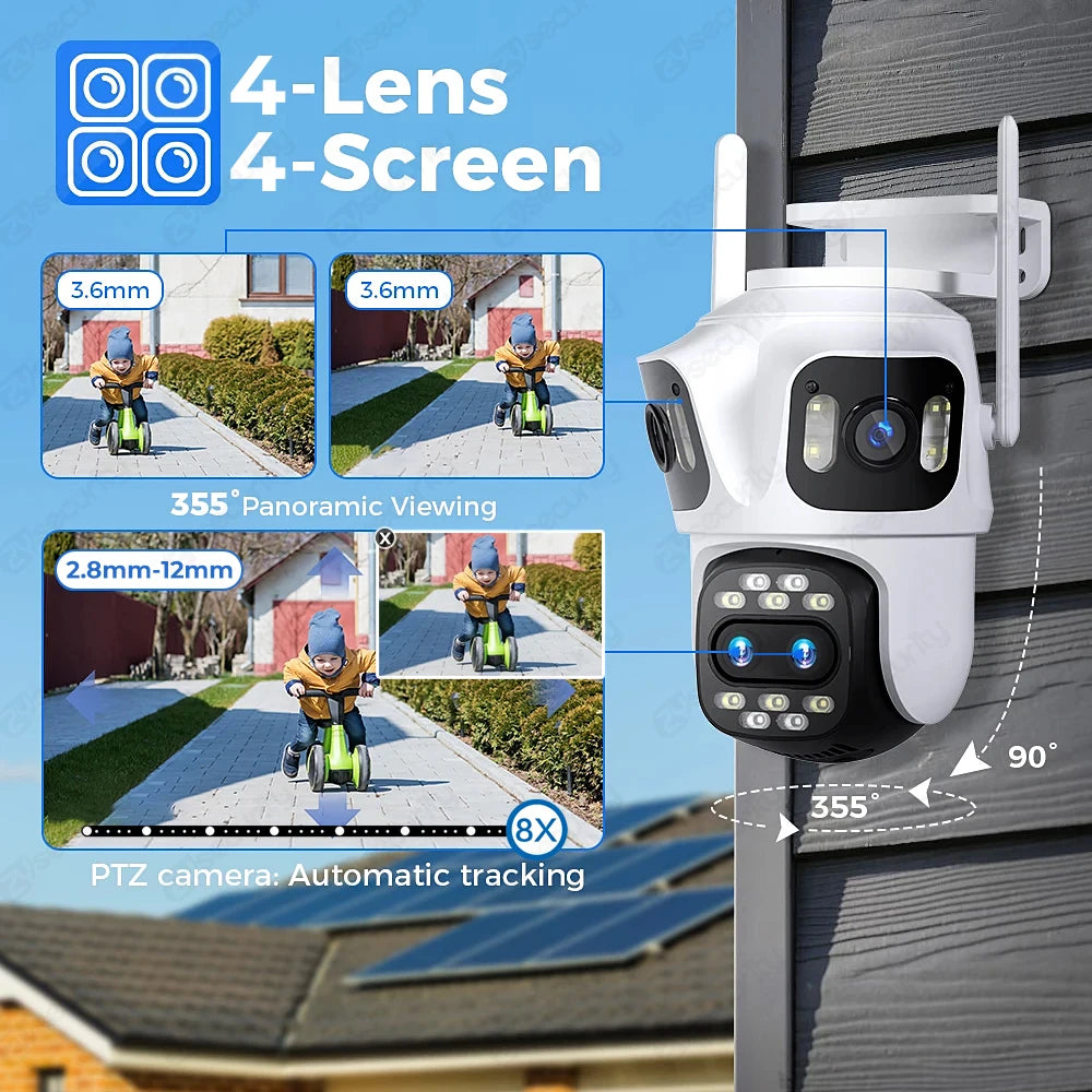 Outdoor Wifi Surveillance Camera 4 Lens 4 Screen Linkage PTZ Camera 8X Hybrid Zoom IP Camera Spotlight Security Cameras iCSee