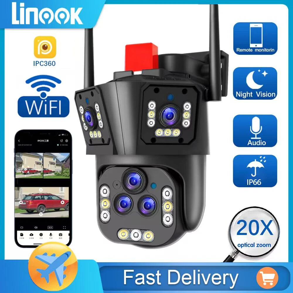 Linook 20MP 8K 20X zoom, 5 lens, outdoor WIFI camera, 360 degree waterproof alarm, wireless CCTV home connection phone