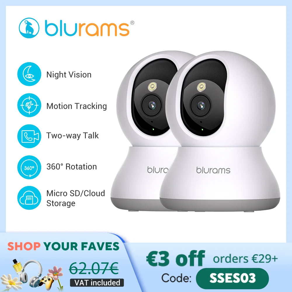 2 Pcs Blurams Indoor Security Camera 2K, Home Security Camera for Dog/Elder, Security Camera with One-Touch Call Update A31S-2pc