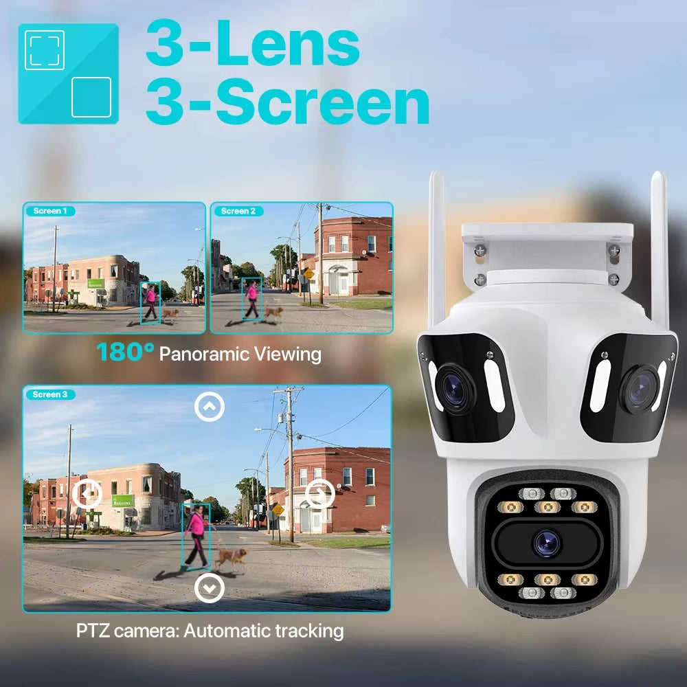 Three Lens PTZ IP Camera Outdoor 6K HD Three Screen WiFi Security Camera Auto Tracking 4K Dual Len Wirelss CCTV Camera iCsee