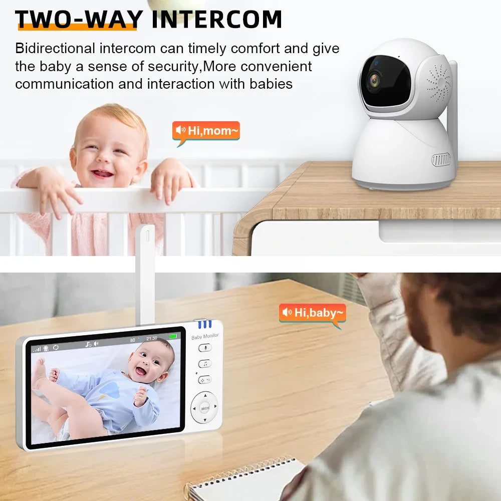 5.0''IPS Screen Night Vision Baby Monitor Pan-Tilt-Zoom Camera Electronic Babysitter Two Way Talk Temperature lullaby SD Card