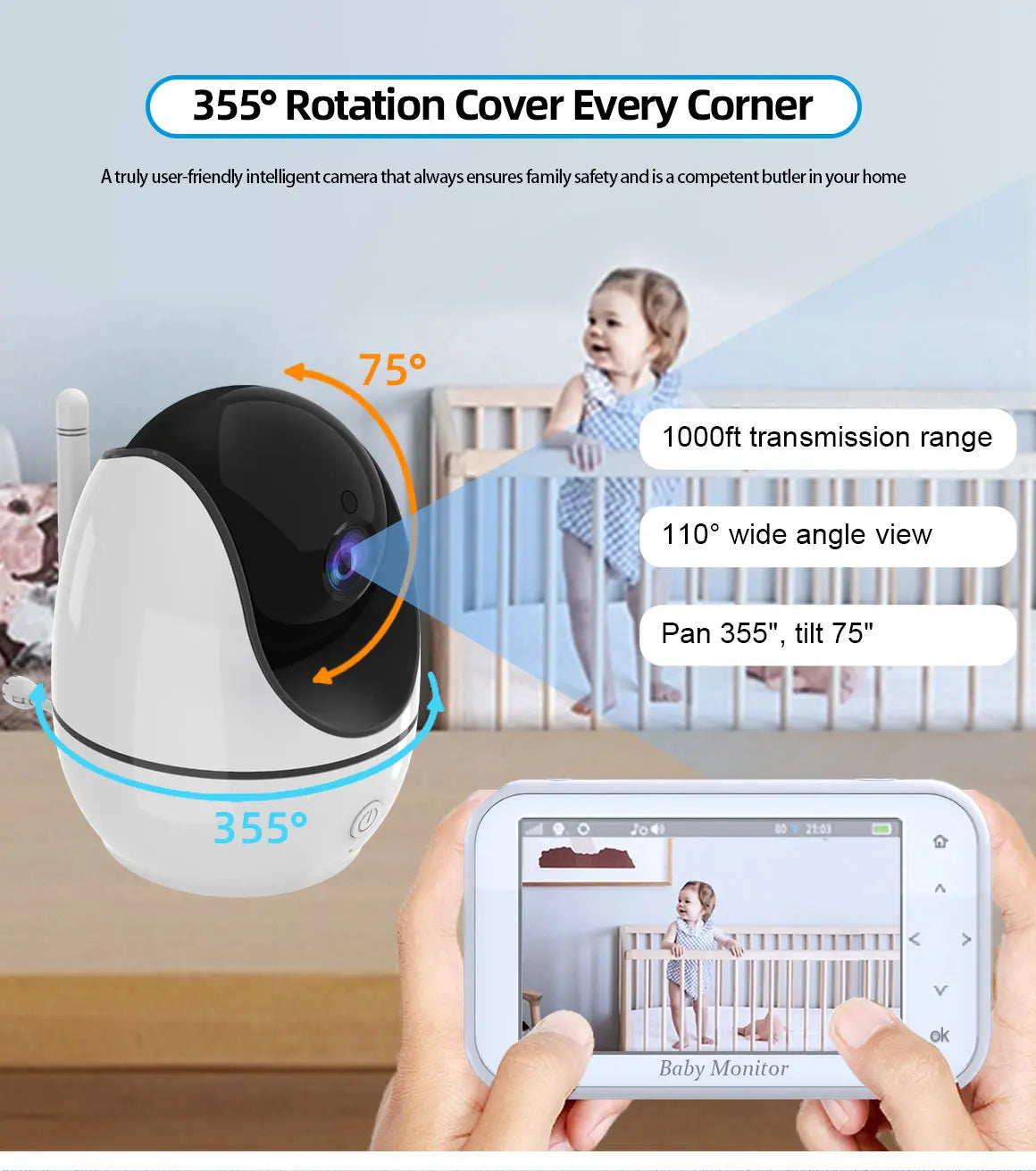 PTZ Baby Monitor 4.3 inch Wireless Video Night Vision Temperature Monitoring 2 Way Audio Talk Baby Nanny Security Camera