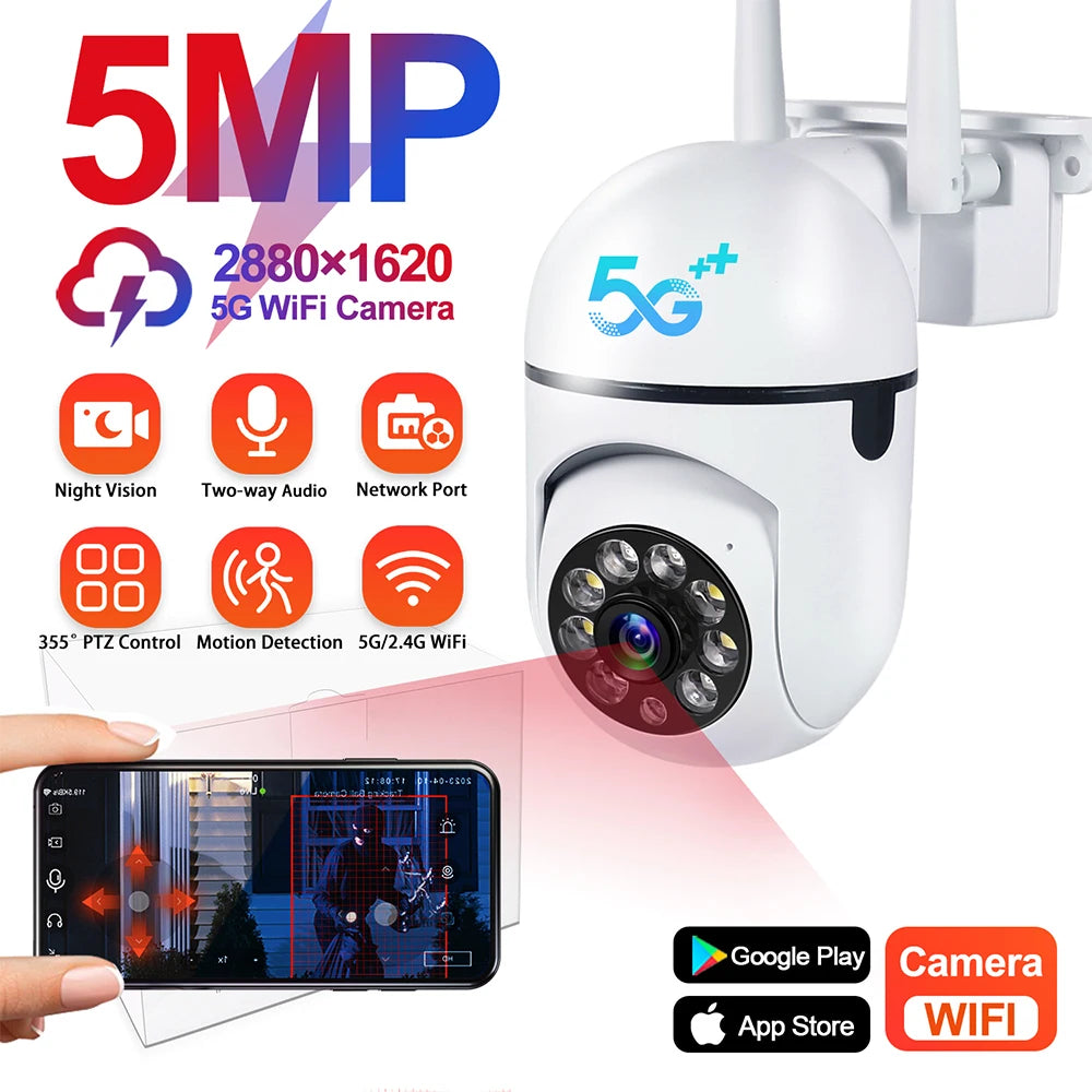 5MP Wifi Video Surveillance Camera 5G CCTV PTZ IP Camera Smart Human Tracking 4X Zoom Night Vision Full Color Outdoor Waterproof