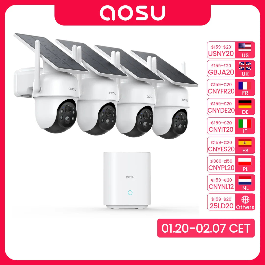 AOSU 3MP 4 Cams Kit Solar Camera System Wireless 360° View built-in Battery Security Camera Wifi Camera Set System Support Alex