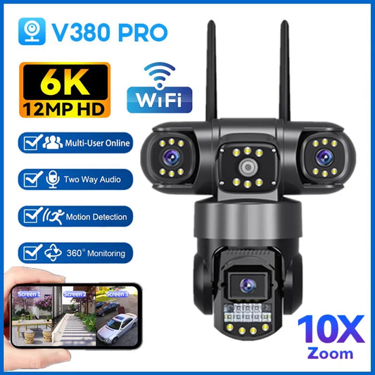 6K Three Screen WIFI IP Camera Outdoor 12MP 3-Lens PTZ Camera Human Detection IP66 Waterproof CCTV Video Security Cam