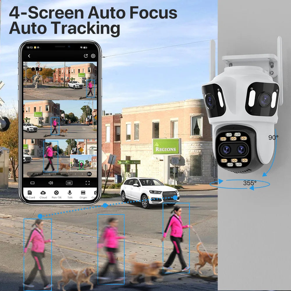 8K PTZ Wifi IP Camera Four Lens AI Human Detect 4K WIFI Dual Screen Surveillance CCTV Camera Security Protection Waterpoor iCSee