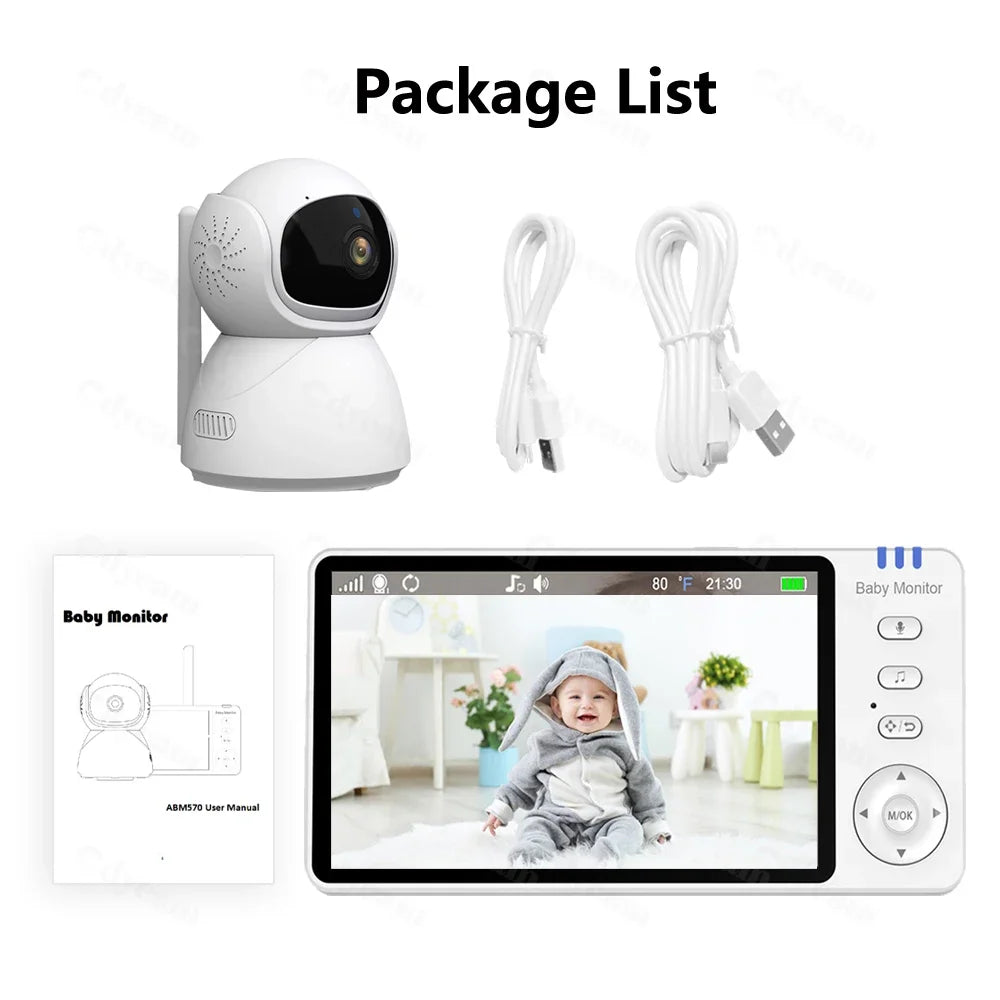 5.0''IPS Screen Night Vision Baby Monitor Pan-Tilt-Zoom Camera Electronic Babysitter Two Way Talk Temperature lullaby SD Card