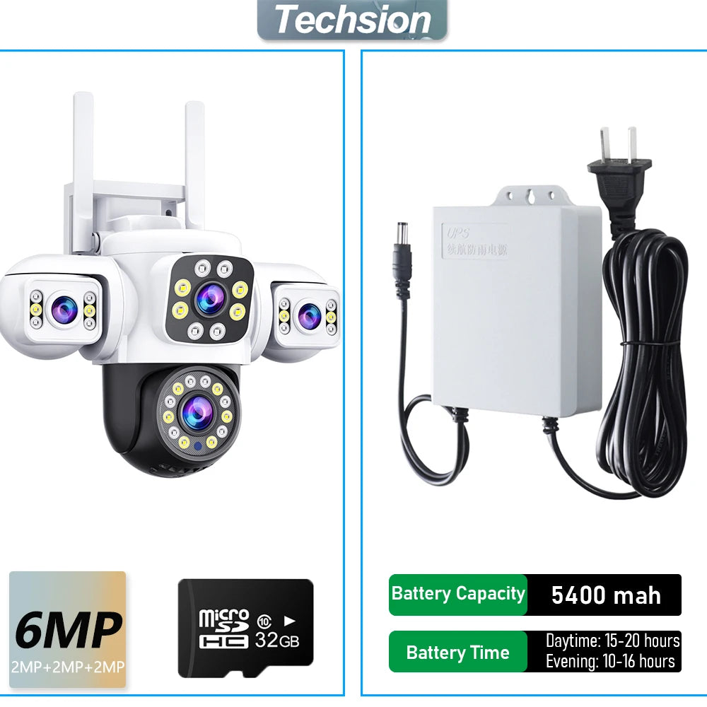 6MP UPS WIFI Camera Outdoor Three Lens Three Screen PTZ Cam AI Auto Tracking Video Surveillance Works Even When The Power Is Out