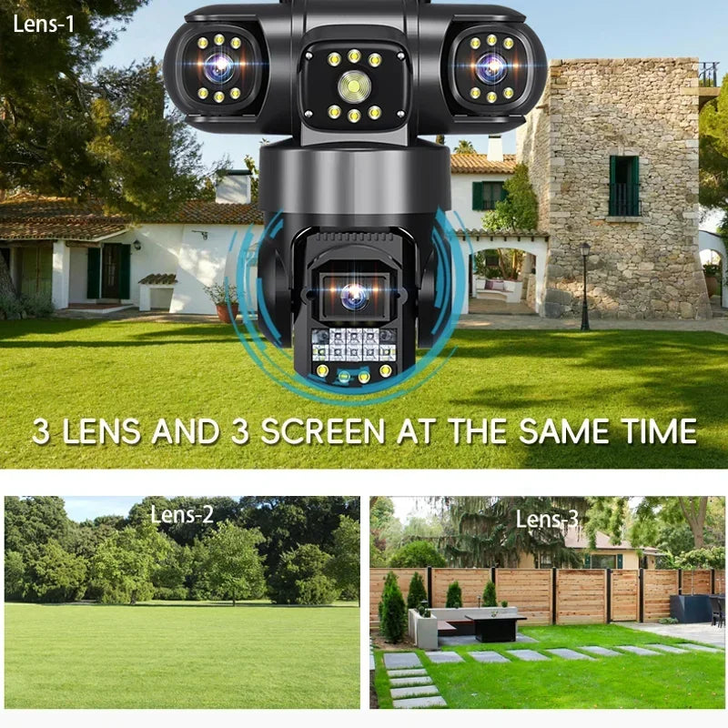 12MP Three Screen WIFI IP Camera Outdoor Night Vision 10X Digital Zoom 3-Lens PTZ Camera Human Detection CCTV Video Security Cam