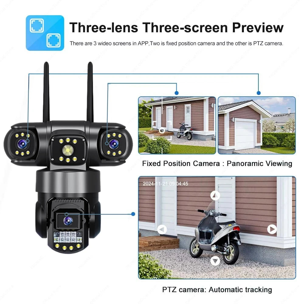 3 - Lens WiFi/4G Camera Smart Security Protection Home Surveillance Night Vision CCTV 12 MP Camara Outdoor Waterproof Monitor