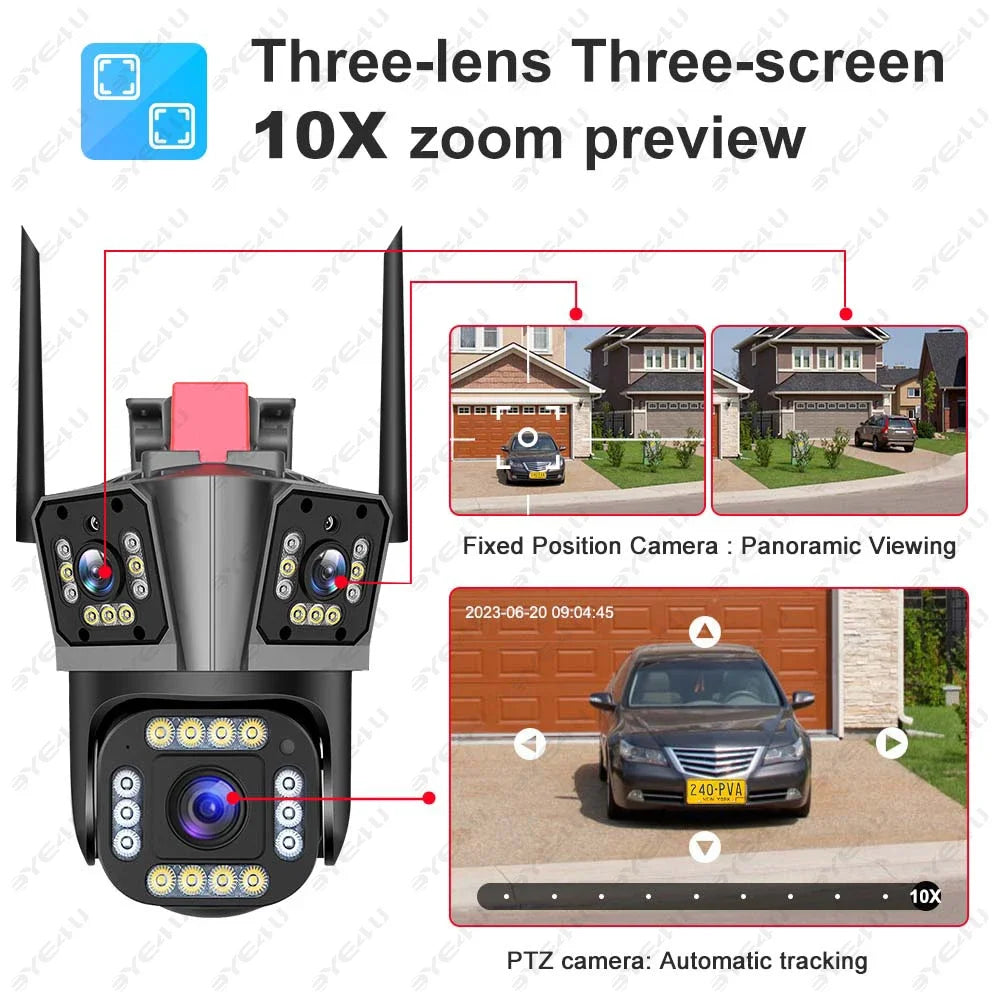 9MP 5K HD WiFi Camera Three Lens Three Screen 10X Zoom PTZ Cameras Outdoor Home Security Protection 4MP Surveillance Waterproof