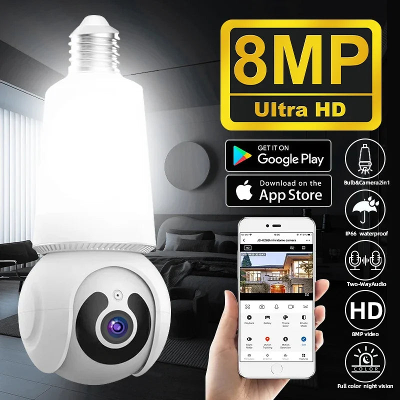 E27 Lamp Bulb Wifi IP Camera Wireless Surveillance Cameras 8MP PTZ Full Color Night Vision Security Protection Monitor Smart Cam