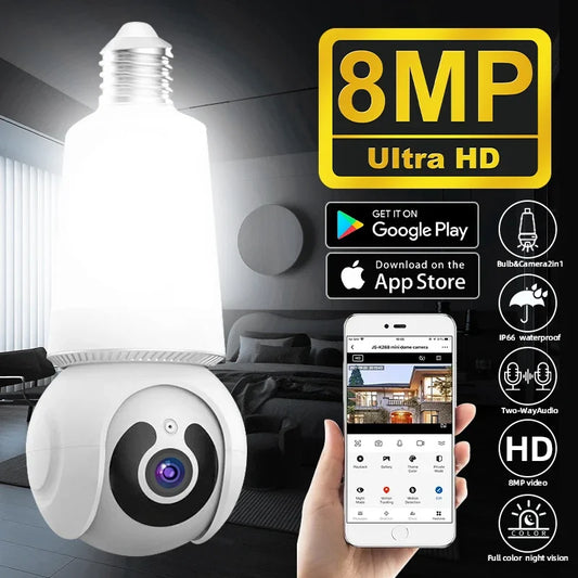 E27 Lamp Bulb Wifi IP Camera Wireless Surveillance Cameras 8MP PTZ Full Color Night Vision Security Protection Monitor Smart Cam