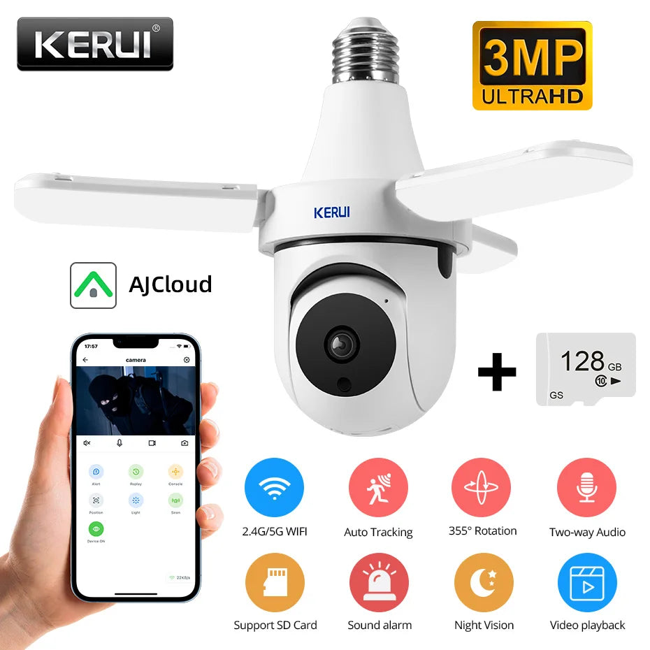 KERUI  5G/2.4G 3MP E27 Bulb Camera PTZ WiFi IP Camera with LED Light Indoor Home Security Surveillance AI Tracking Night Vision