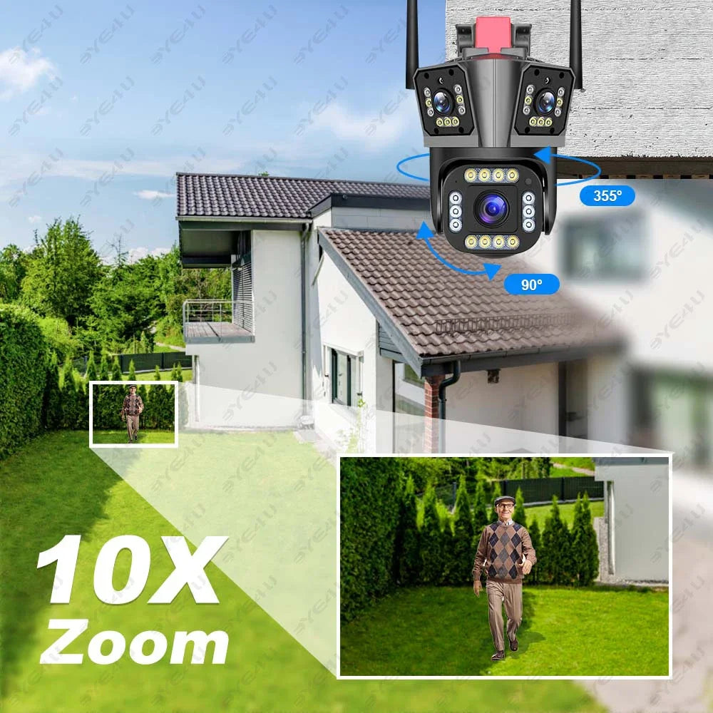 9MP 5K HD WiFi Camera Three Lens Three Screen 10X Zoom PTZ Cameras Outdoor Home Security Protection 4MP Surveillance Waterproof