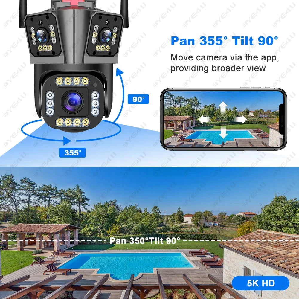 9MP 5K HD WiFi Camera Three Lens Three Screen 10X Zoom PTZ Cameras Outdoor Home Security Protection 4MP Surveillance Waterproof