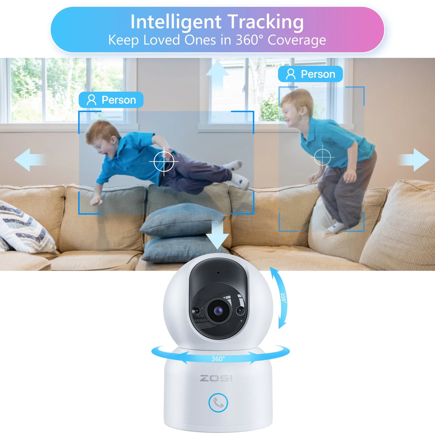 ZOSI Indoor Pan/Tilt Smart Security Camera C518 2K 360 Degree Baby Pet Monitor 2.4G/5G Dual-Band WiFi Home Cam with Phone APP