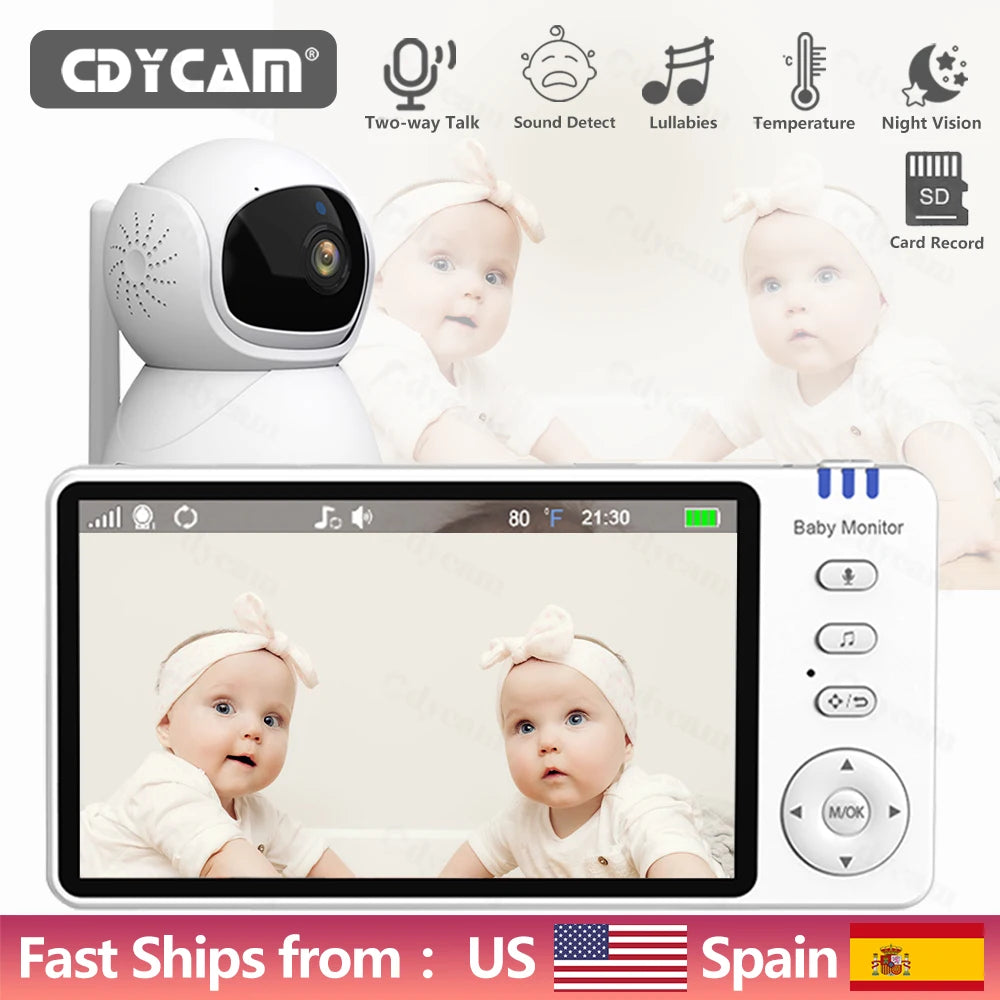 5.0''IPS Screen Night Vision Baby Monitor Pan-Tilt-Zoom Camera Electronic Babysitter Two Way Talk Temperature lullaby SD Card