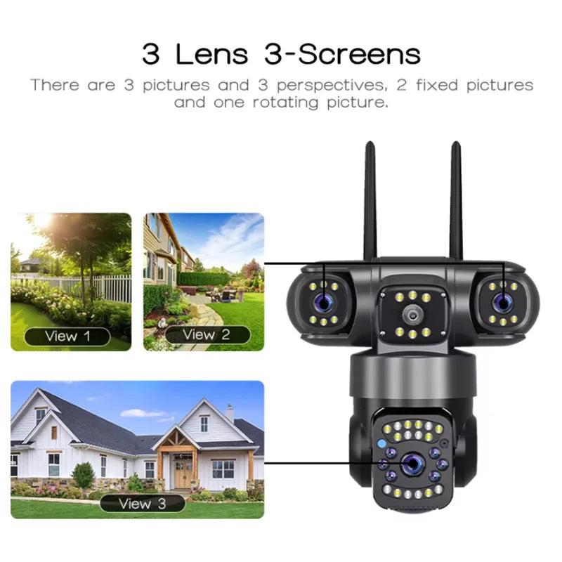 Saikiot 12MP 3 Lens PTZ Camera 4G V380 Pro 3 screen WIFI Camera AI Auto Tracking Smart Wireless Security Camera 3 Lens Camera